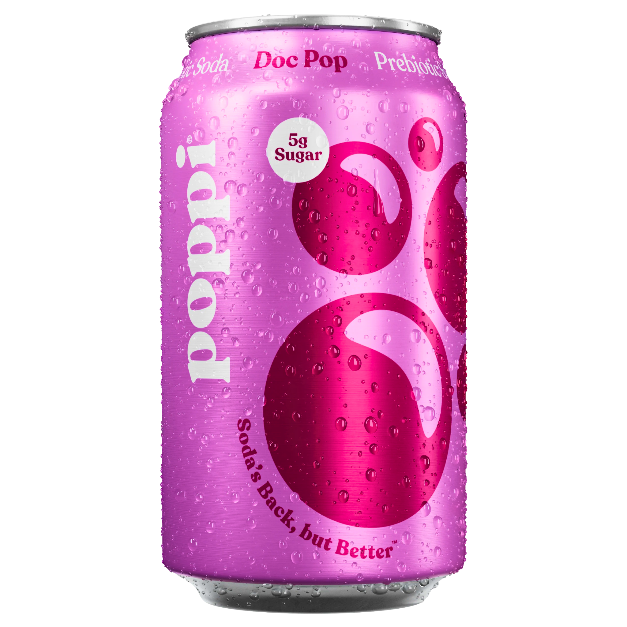 Front of Poppi Doc Pop Prebiotic Soda can showing bold pink logo, prebiotic soda label, and 355ml size with 5g sugar indication.