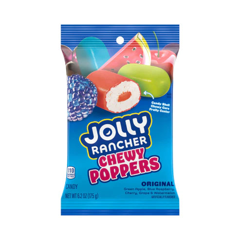 Front of Jolly Rancher Chewy Poppers Original bag displaying vibrant colours, logo, and images of fruit (175g pack)