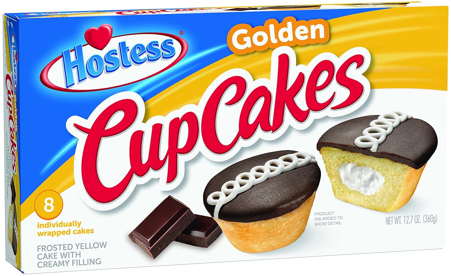 Front of Hostess Golden Cupcakes box showing logo, 8 individually wrapped cupcakes, frosted yellow cake with creamy filling and 360g pack size.