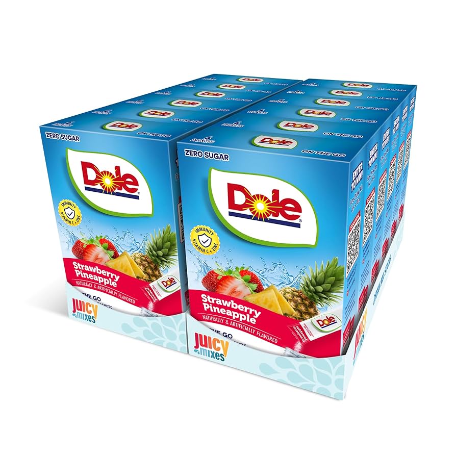 Front of Dole Strawberry Pineapple Singles To Go packaging showing the logo, strawberry and pineapple graphics, and 12 pack (194.4g)