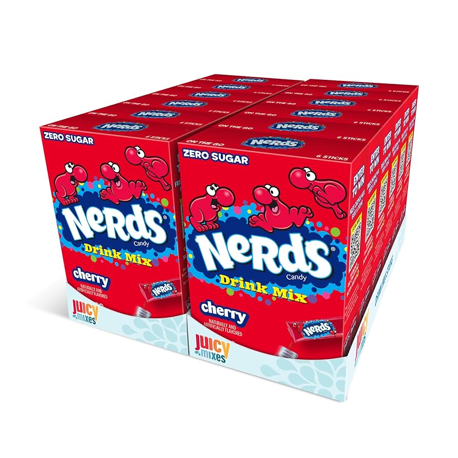 Front of Nerds Cherry Singles To Go box showing bright red packaging, logo, cherry flavour label, and indicating it is a 12 pack (194.4g)