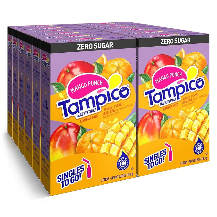 Front of Tampico Mango Punch Singles To Go box featuring the branding, mango, orange, and tangerine visuals, and text indicating 12 pack of drink mix packets.