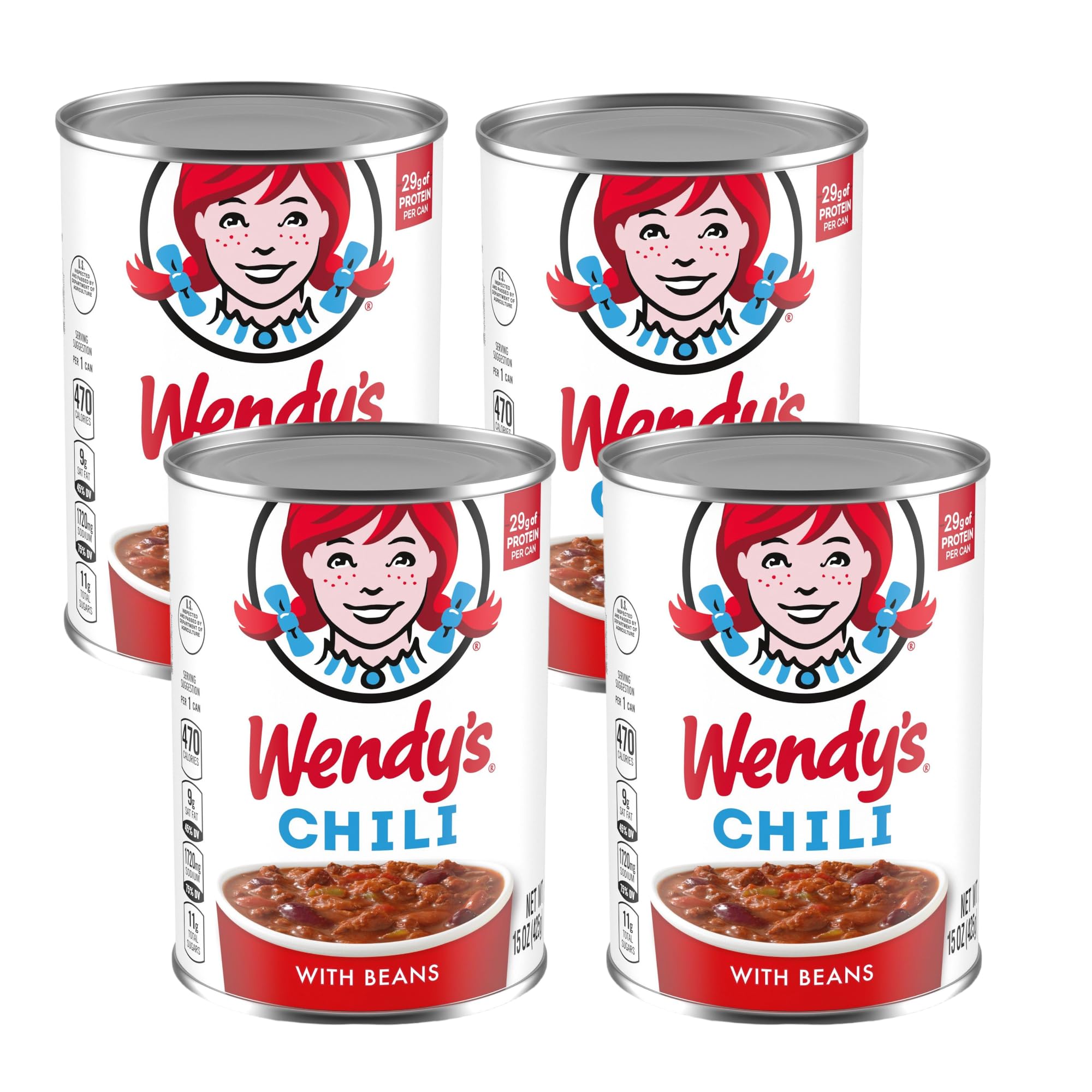 Front of Wendy’s Canned Chilli (425g) showing logo, flavour, and a bowl of chilli with beans (4 Pack)