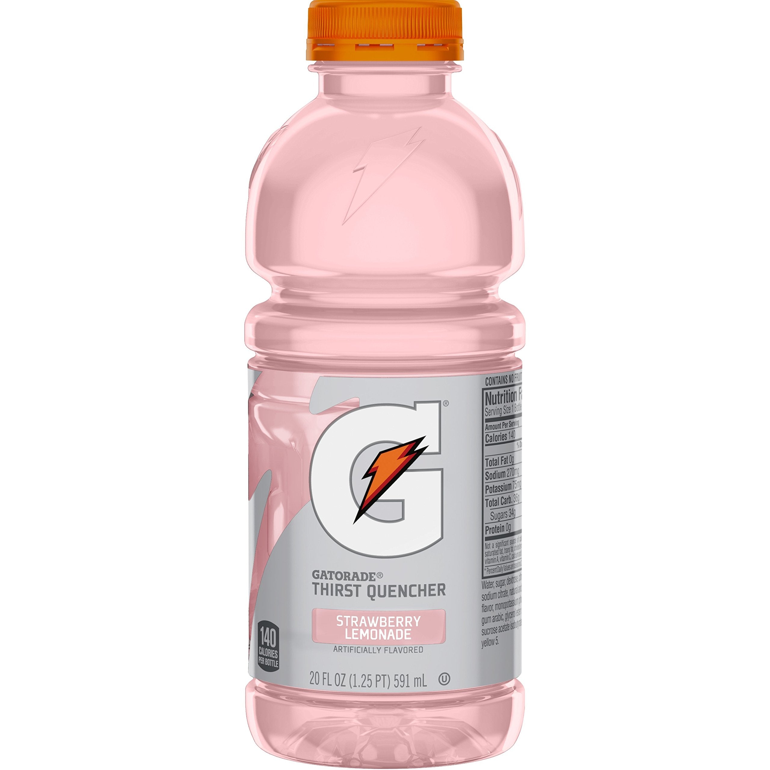 Front of Gatorade Strawberry Lemonade bottle showing brand logo, strawberry lemonade flavour label, and 591ml pack size in a clear sports drink bottle.