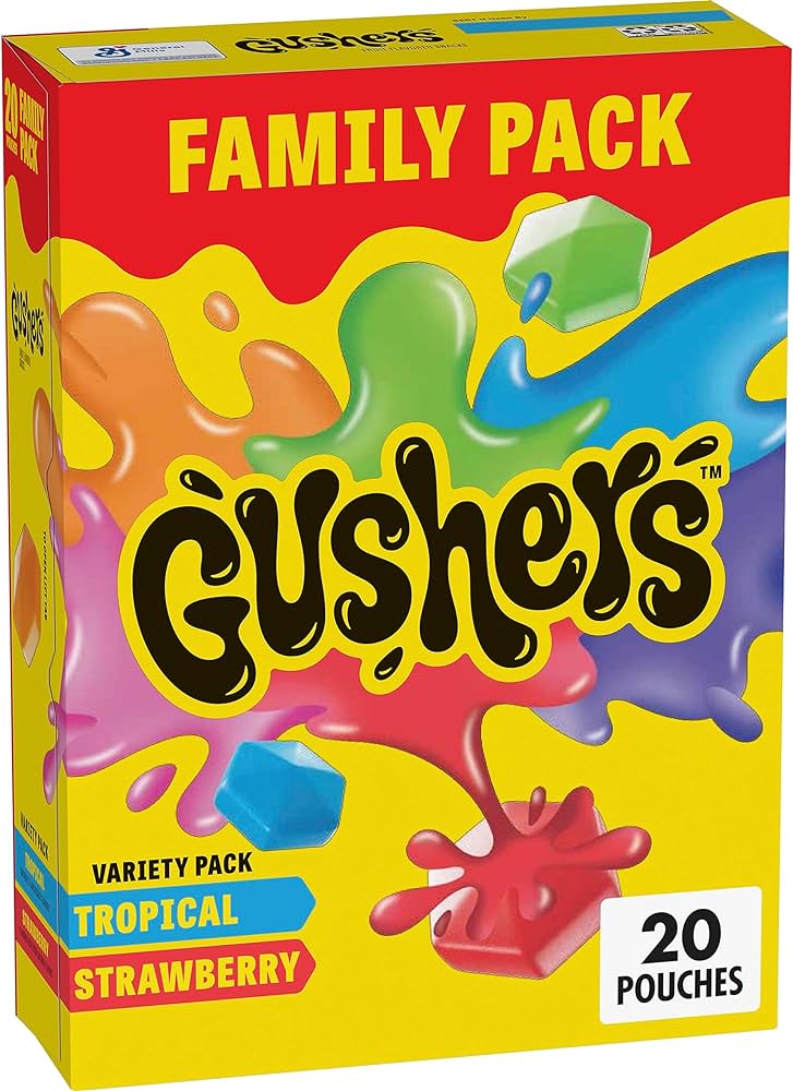 Front of Fruit Gushers Variety Family Pack showing colourful packaging with the logo, fruit flavours, and 20 pouches (453g)