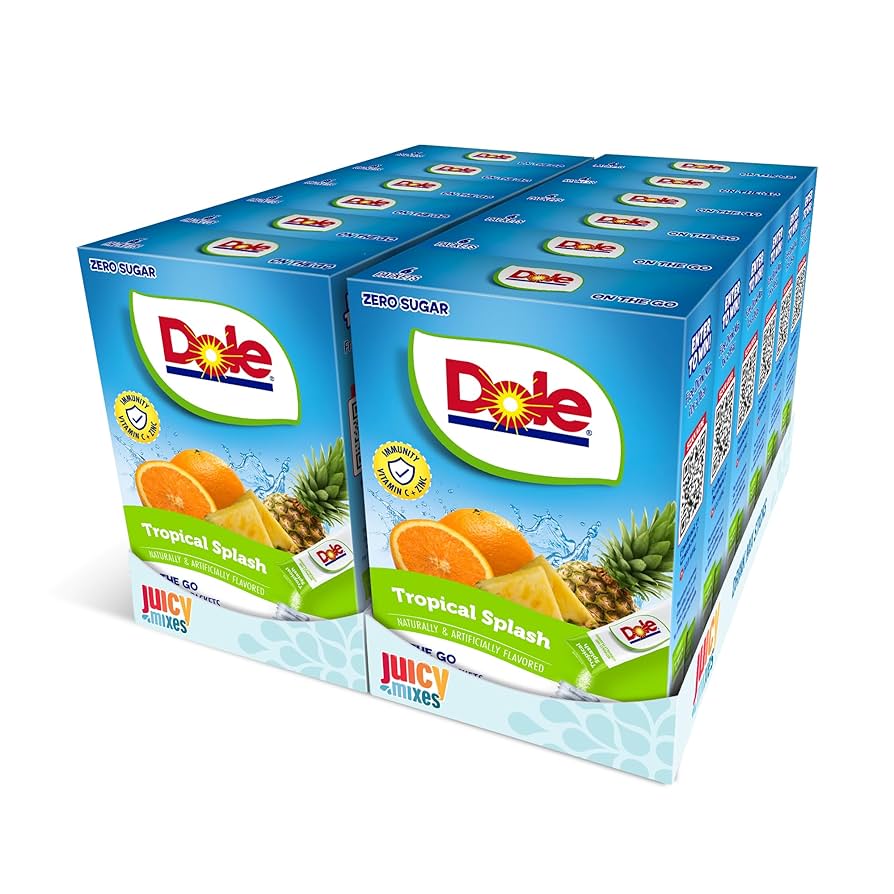 Front of Dole Tropical Splash Singles To Go box featuring the logo, fruit images, and a 12 pack of drink mix packets (194.4g)