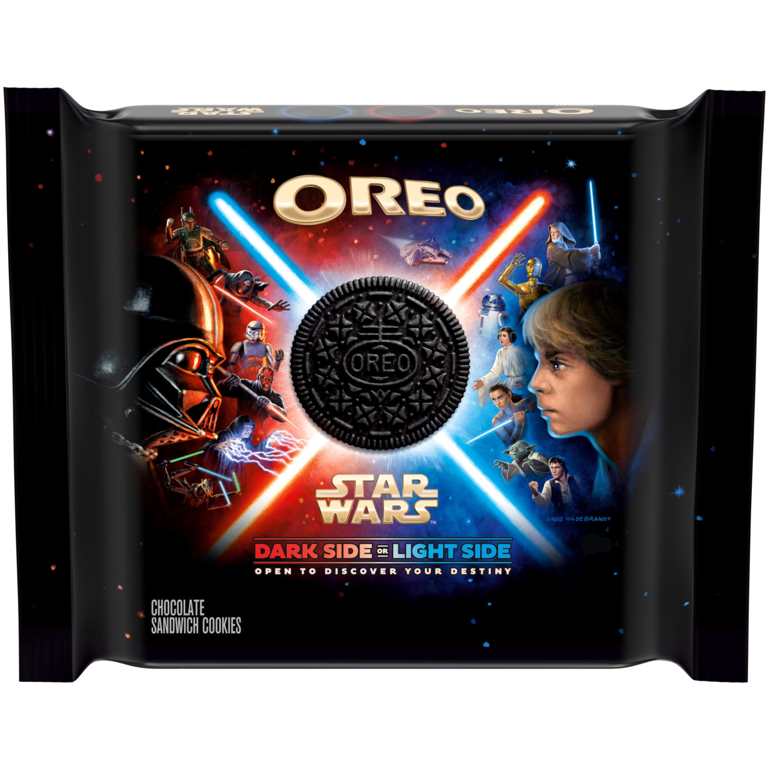 Front of Oreo Star Wars 2 Cookies Limited Edition pack showing chocolate sandwich cookies with iconic characters and vibrant design (28.3g)