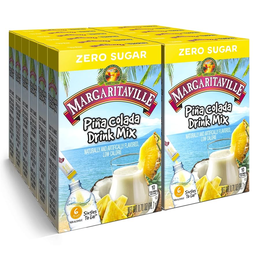 Front of Margaritaville Pina Colada Singles to Go box showing brand logo, pina colada drink mix details, and 12 pack of drink mix packets (198g)