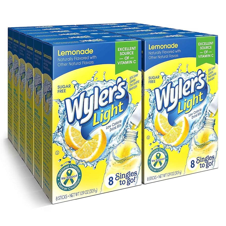 Front of Wyler's Lemonade Singles To Go pack showing yellow lemonade label, Wyler's Light logo, and details of 12 stick servings (370.8g total)