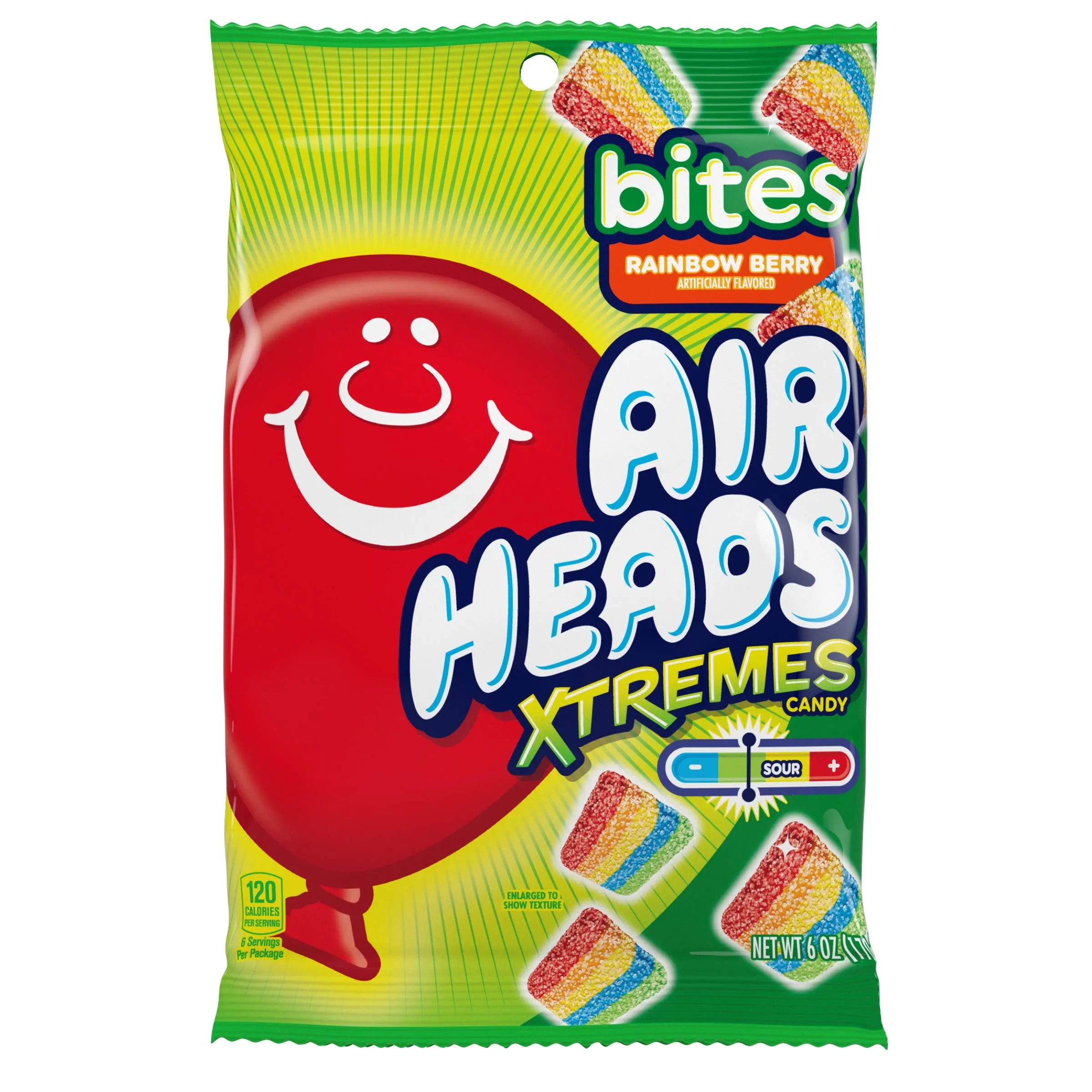 Front of Airheads Xtremes Sourful Rainbow Berry Bites pack showing bright logo, rainbow flavour, and colourful candy pieces (170g pack)