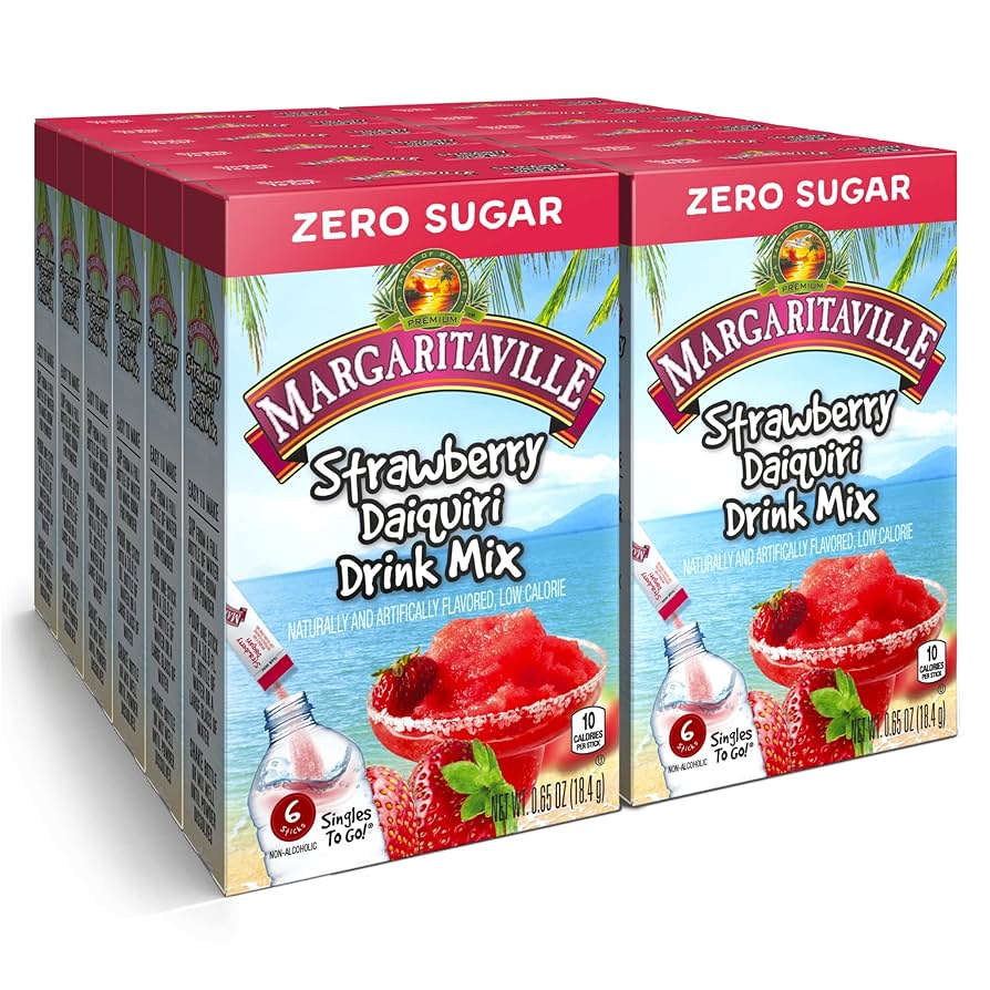 Front of Margaritaville Strawberry Daiquiri Singles to Go box showing logo, strawberry daiquiri drink mix label, and 12 pack details (198g)