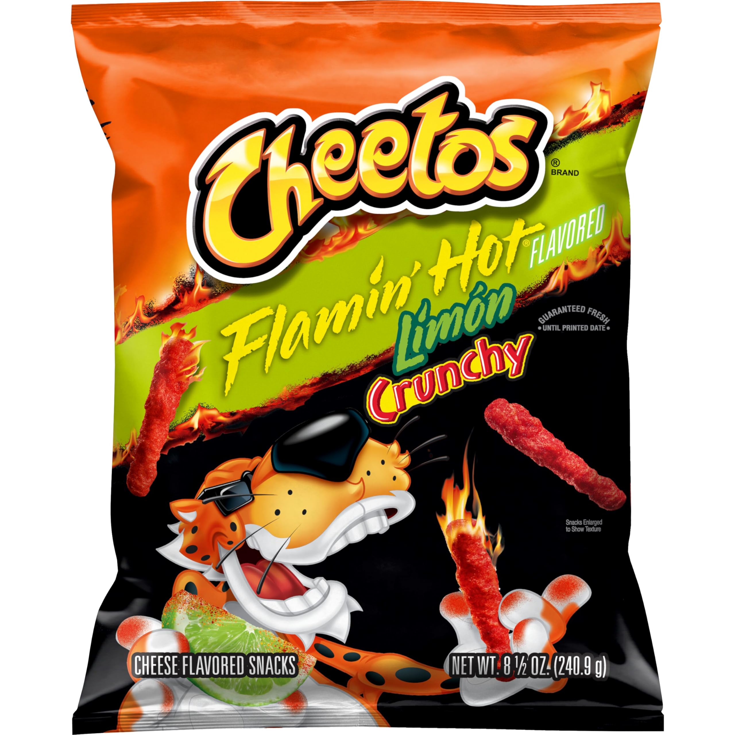 Front of a bag of Cheetos Crunchy Flamin' Hot Limon USA showing logo, spicy cheese snacks with lime flavour, and pack size 226g