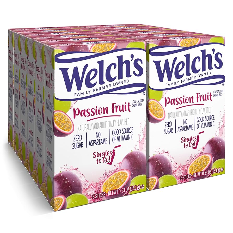 Front of Welch's Passionfruit Singles To Go box showing logo, passion fruit flavour, and pack size (336g, 12 pack)