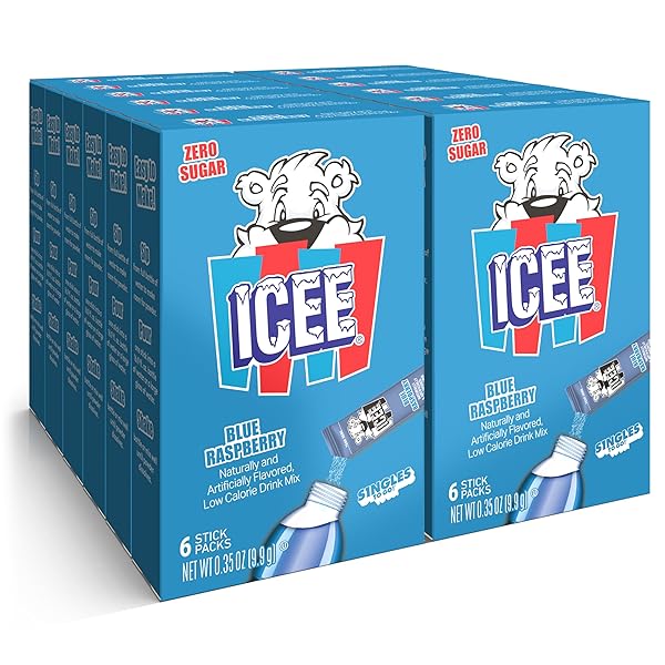 Front of Icee Blue Raspberry Singles To Go box showing blue raspberry flavour label, Icee logo, and pack size (12 Pack, 118.8g)