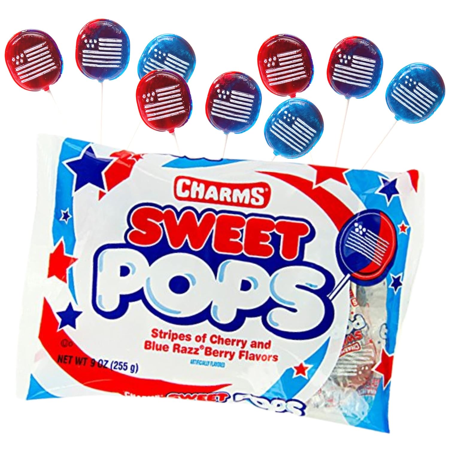 Front of Charms Sweet Pops bag showing red, white, and blue lollipops with cherry and blue raspberry flavours (255g pack)
