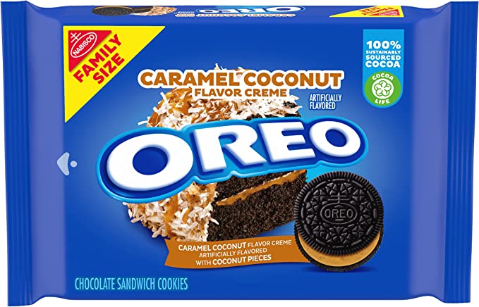 Front of Oreo Caramel Coconut package showing the Oreo logo, caramel coconut flavour description, and image of the cookies with coconut pieces (482g pack)