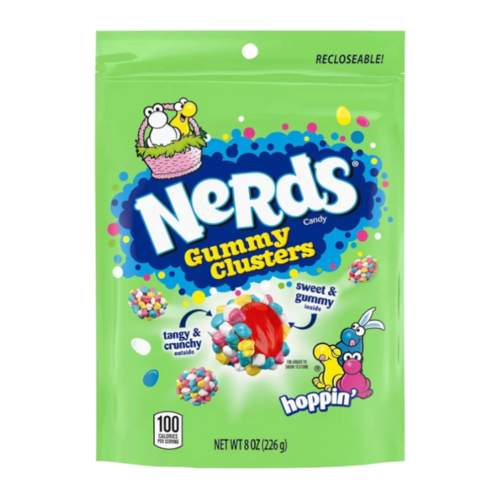 Front of a green bag of Nerds Easter Gummy Clusters showing colourful candy pieces, logo, and pack size (226g)