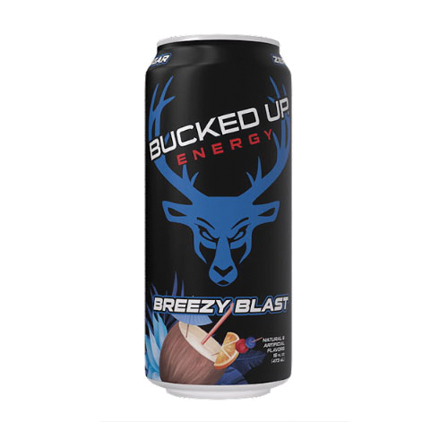 Front of a Bucked Up Energy Breezy Blast can showing the logo, Breezy Blast name, and energetic design (473ml)
