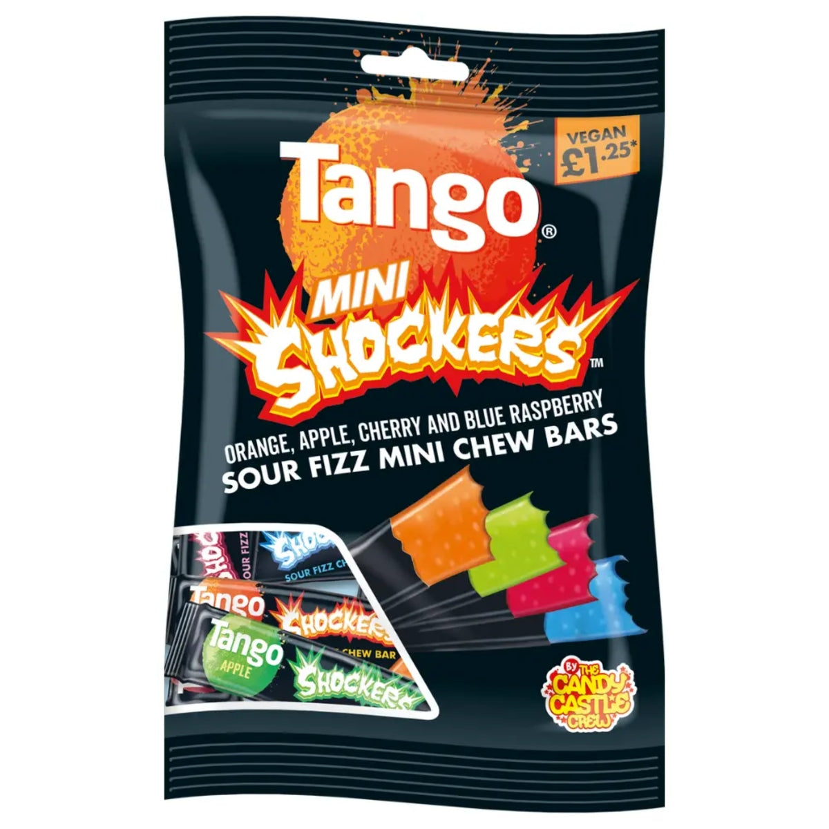 Front of a black bag of Tango Mini Shockers showing the logo, flavours (orange, apple, cherry, and blue raspberry), and pack size (120g)