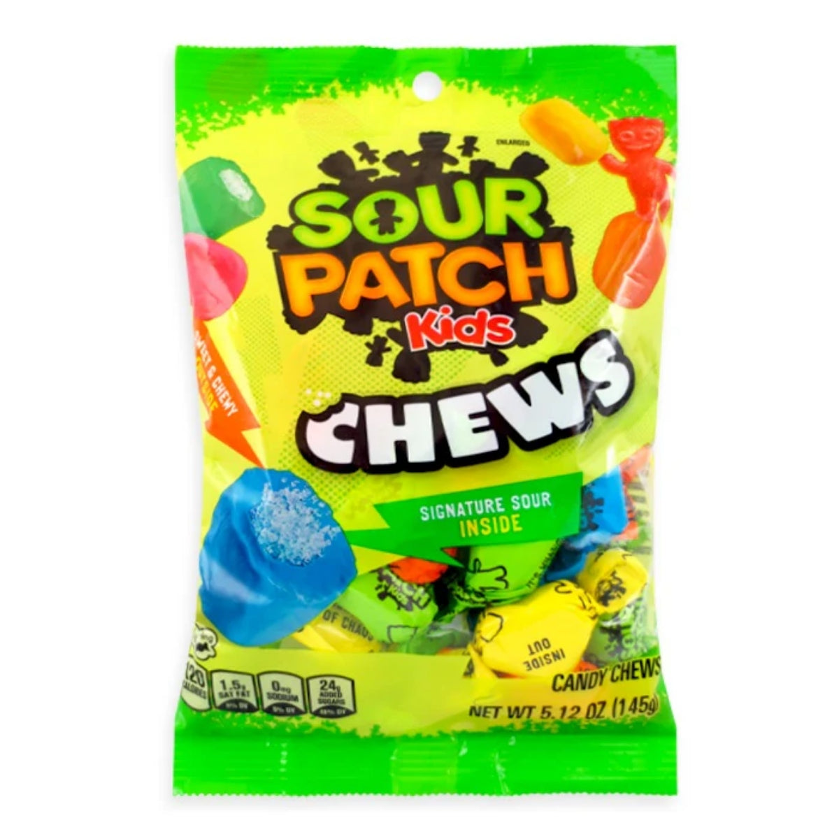 Front of Sour Patch Kids Chews bag showing vibrant yellow and green packaging, bold logo, and assorted colourful candy (145g pack)