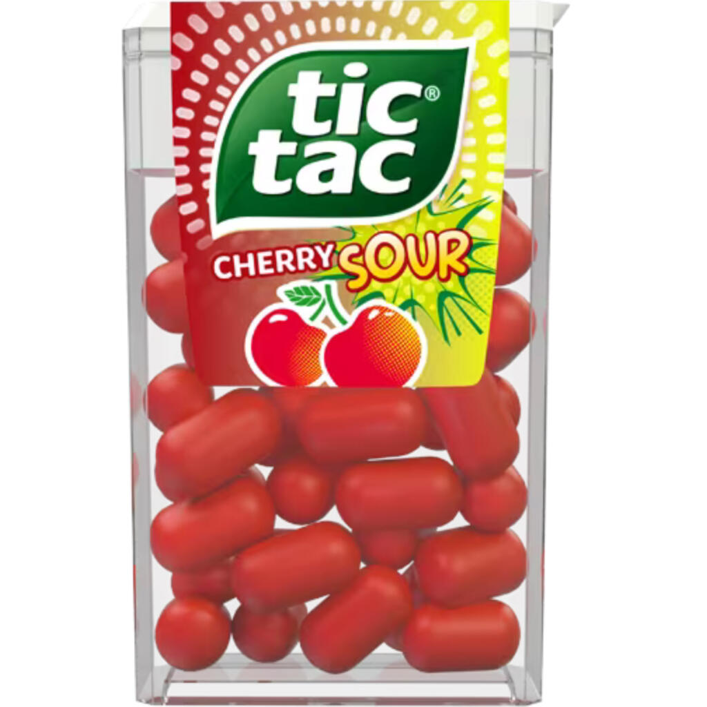 Front of Tic Tac Cherry Sour container showing the logo, cherry flavour label, and red mints inside (18g pack)