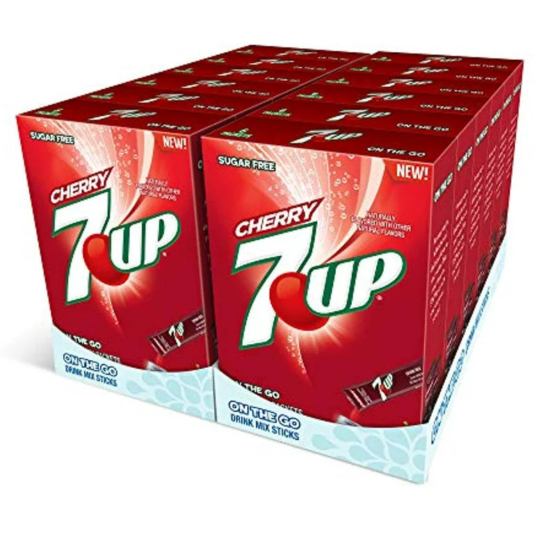 Front of 7up Cherry Singles To Go box displaying the logo, cherry flavour label, and details of the 12 pack (13.2g each)