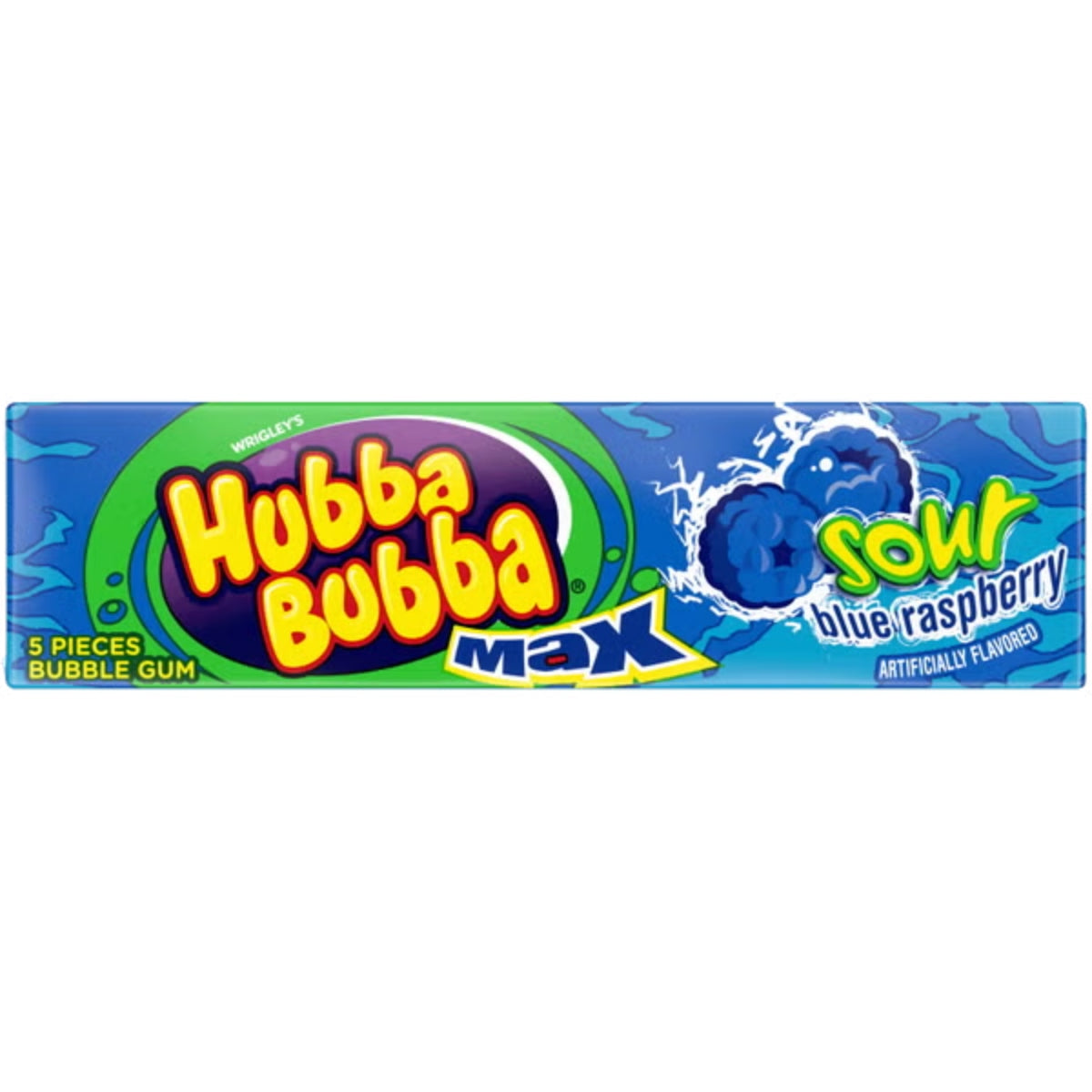 Front of Hubba Bubba Max Sour Blue Raspberry pack showing bold gum brand logo, blue raspberry flavour details, and 40g size