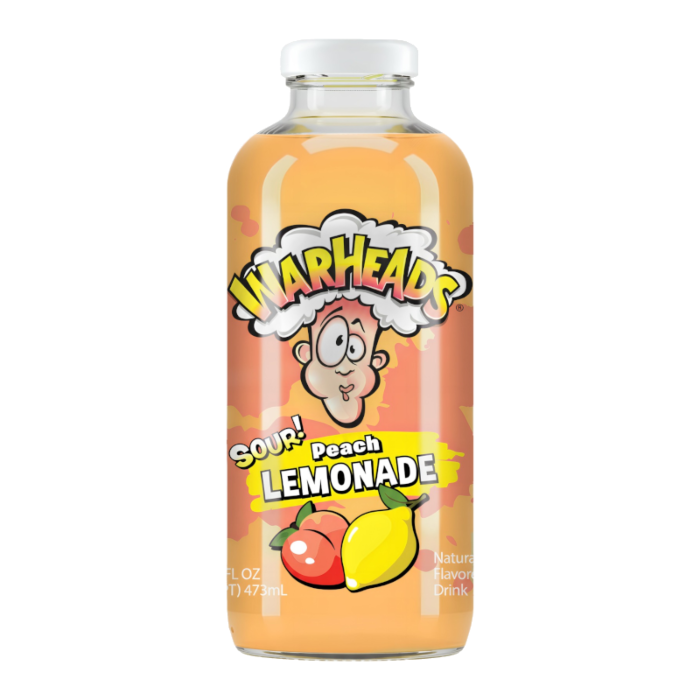 Front of Warheads Sour Peach Lemonade bottle showing the brand logo, peach flavour text, and pack size (473ml)