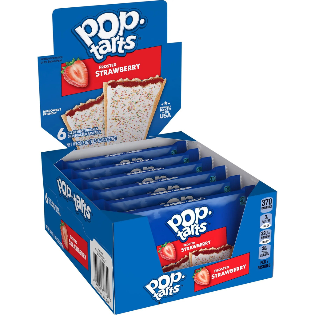 Front of Pop Tarts Frosted Strawberry box showing brand logo, strawberry flavour image, and pack size (12 pack, 576g)