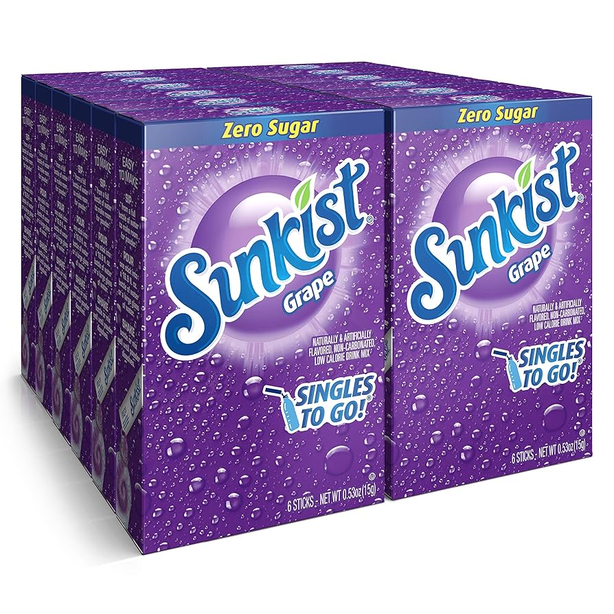 Front of Sunkist Grape Singles to Go box showing vibrant grape logo, zero sugar label, and compact 12 pack of drink mix sticks (198g)
