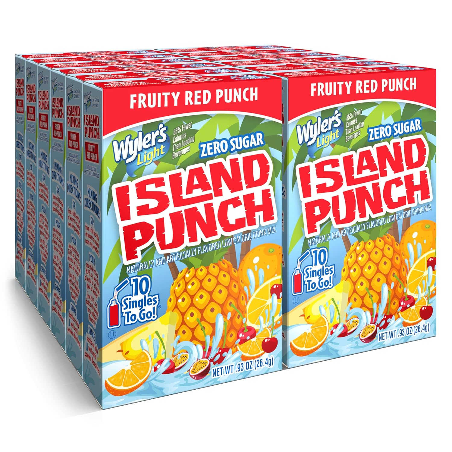 Front of Wyler's Island Punch Fruity Red Punch 12 pack showing logo, fruity red punch label, and vibrant fruit graphics (309.6g total)