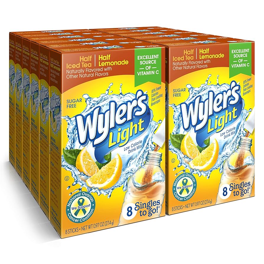 Front of Wyler's Half Iced Tea Half Lemonade Singles To Go box showing bright logo, lemon and iced tea imagery, and details for 12 pack.