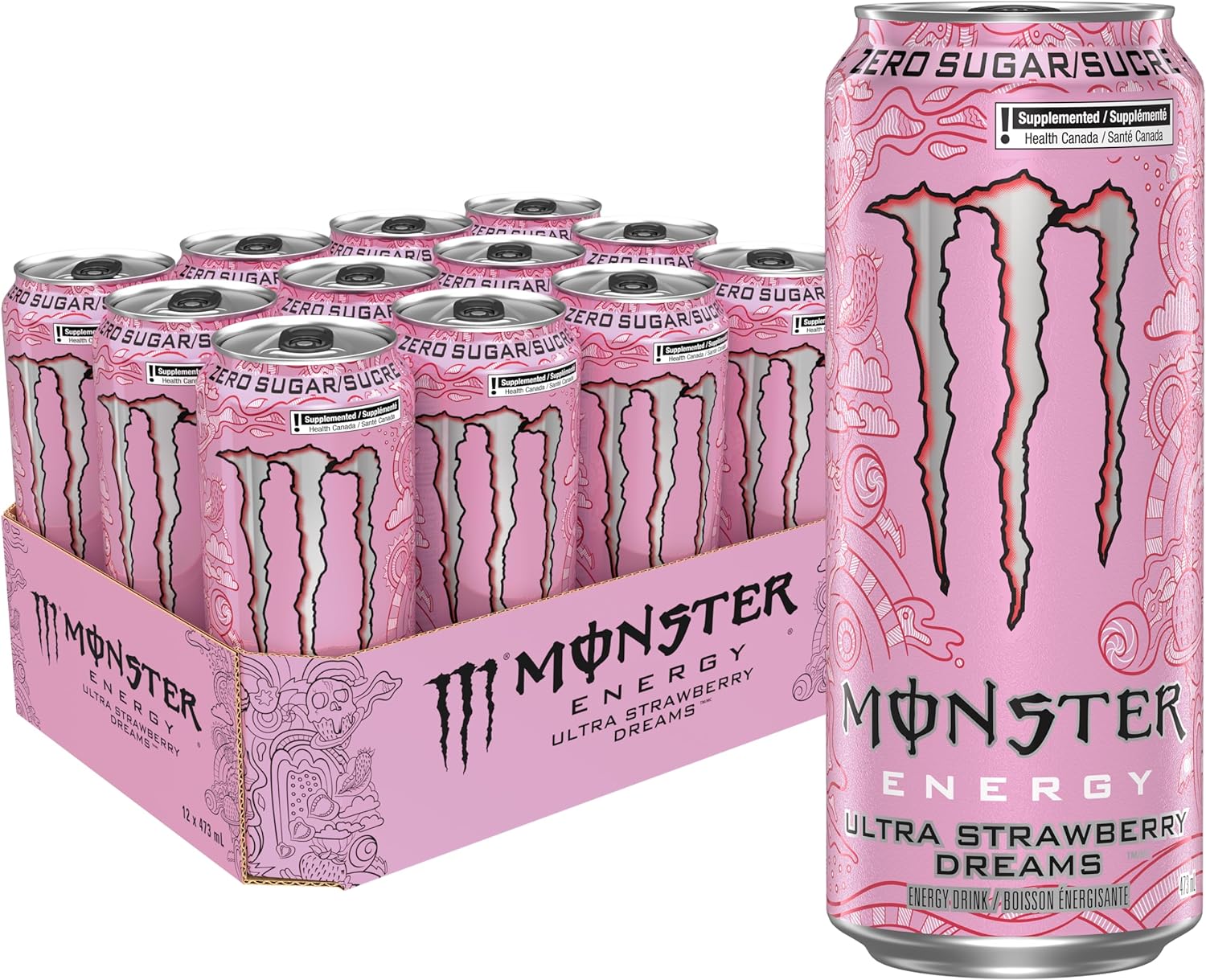 Front of Monster Ultra Strawberry Dreams can showing pink design, logo, flavour text, and a case of 12 (500ml each)