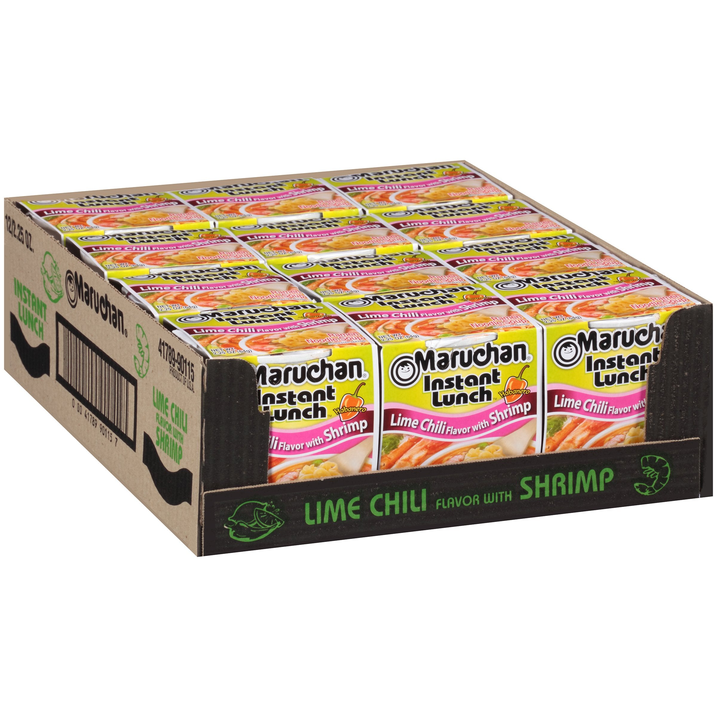 Front of Maruchan Lime Chili Shrimp Instant Lunch Ramen Noodles package showing brand logo, shrimp flavour label, and colourful noodle packaging (12 x 64g pack)