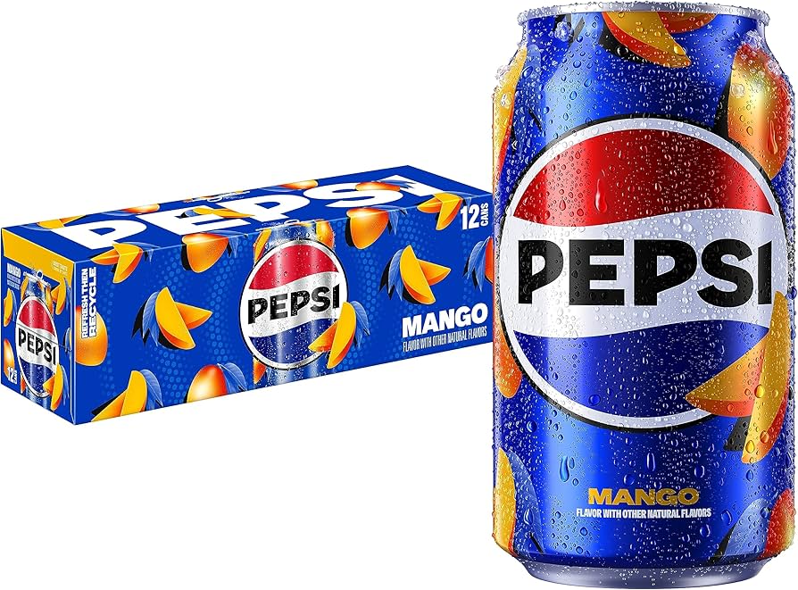 Front of Pepsi Mango Full Sugar case showing the logo, vibrant mango flavour details, and pack size of 12 (355ml cans)