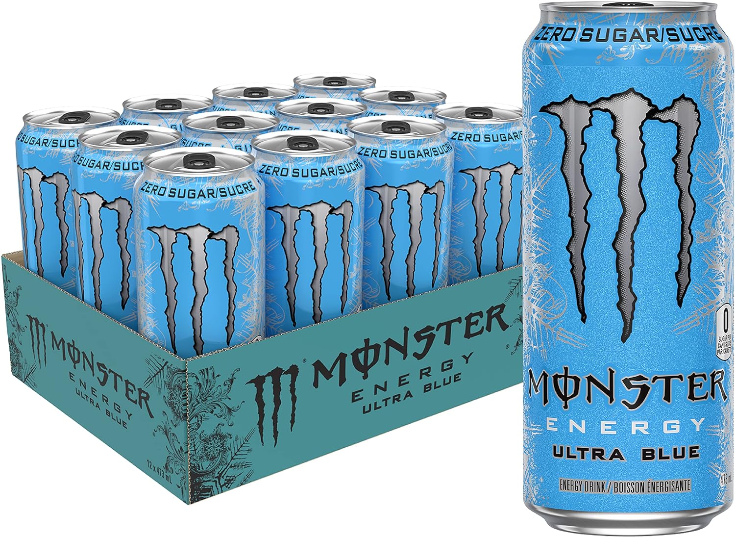 Front of Monster Ultra Blue energy drink case featuring blue cans, bold zero sugar label, and 12-pack size visible (473ml x 12).