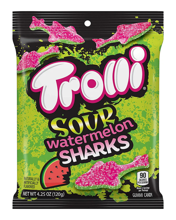 Front of Trolli Watermelon Sharks bag showing vibrant green packaging, pink gummi shark candies, and clear product name (85g pack)
