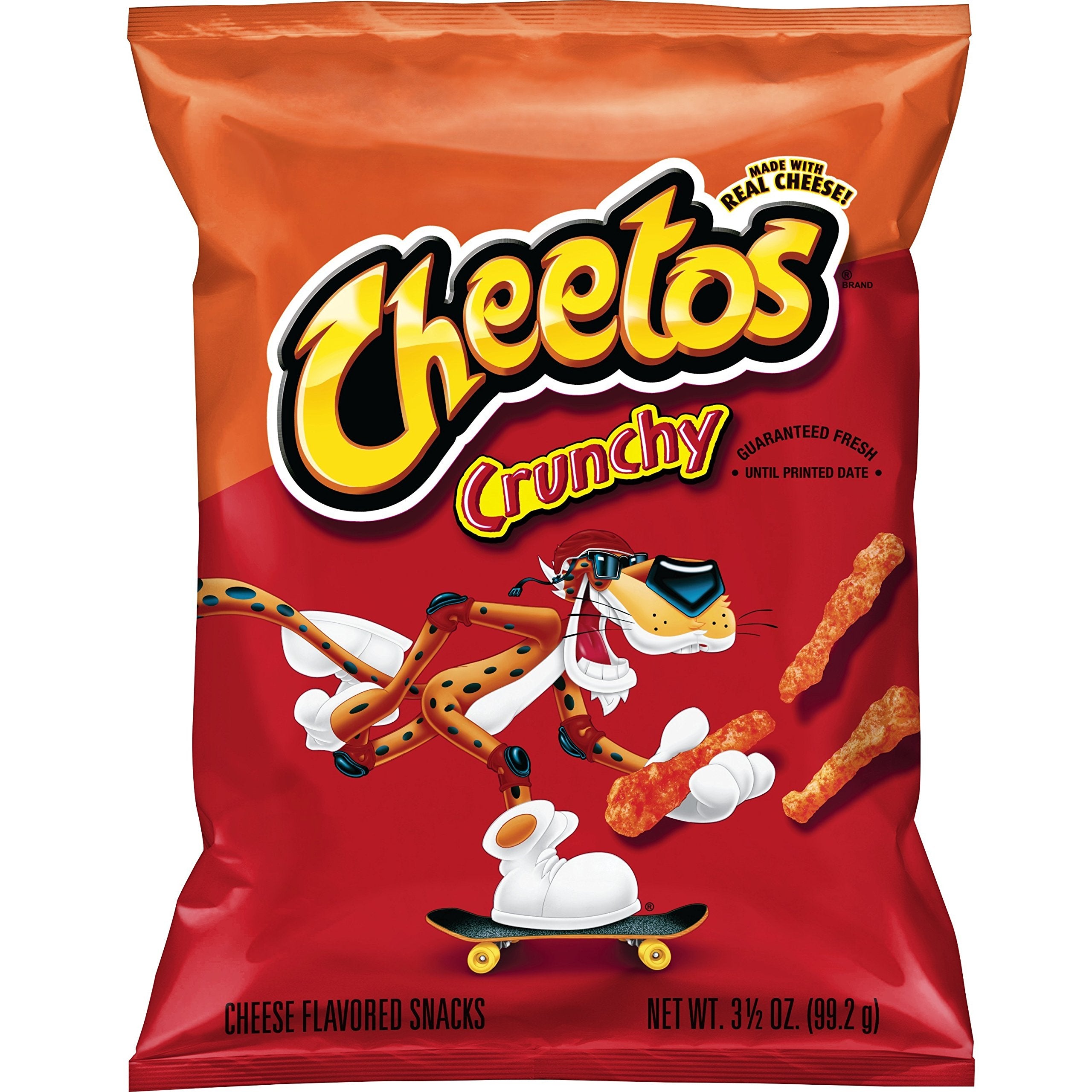 Front of Cheetos Crunchy Original bag featuring bold yellow logo, skateboard character, cheese-flavoured snack pieces, and 99.2g label.