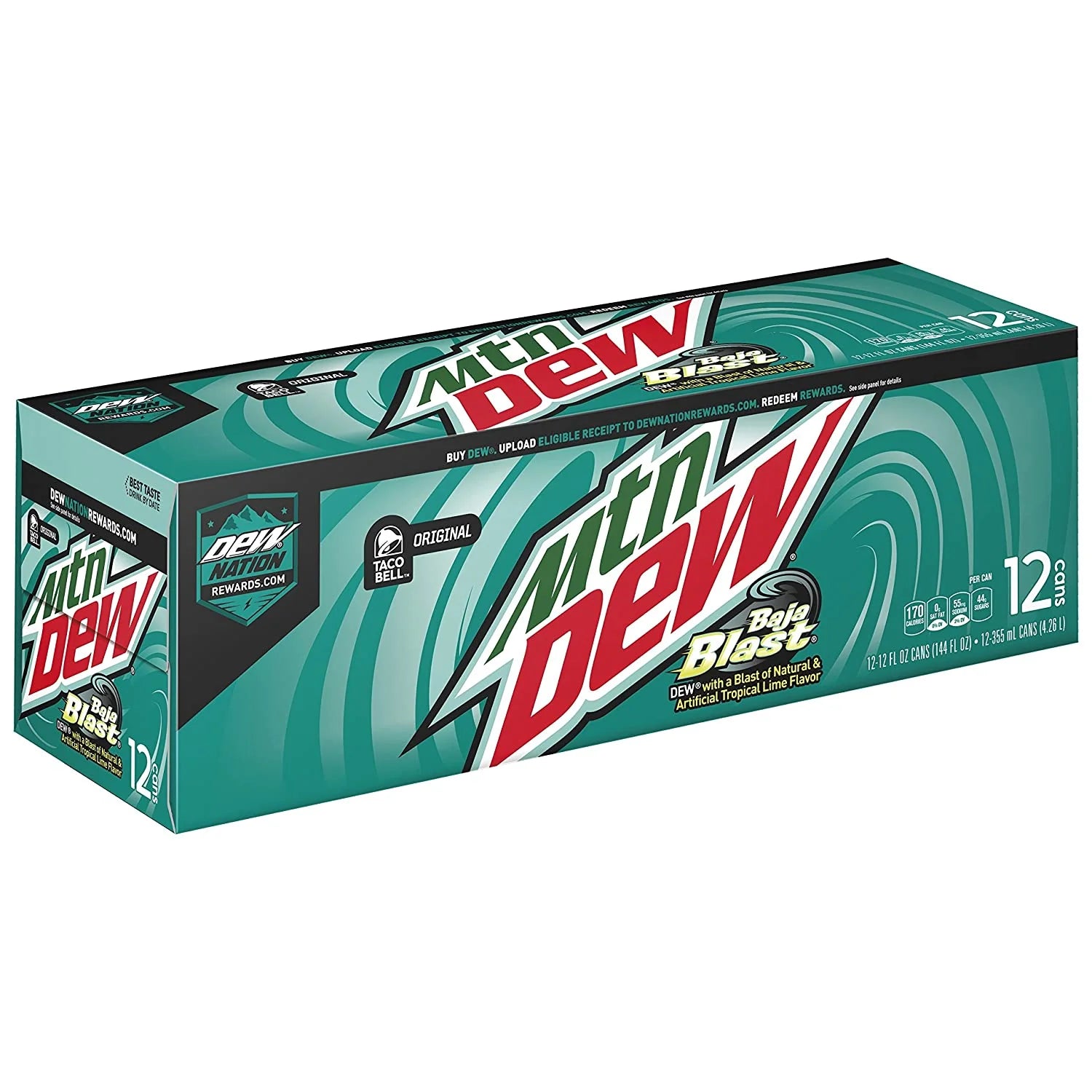 Front of Mountain Dew Baja Blast case showing the logo, tropical lime flavour, and 12 x 355ml cans pack size