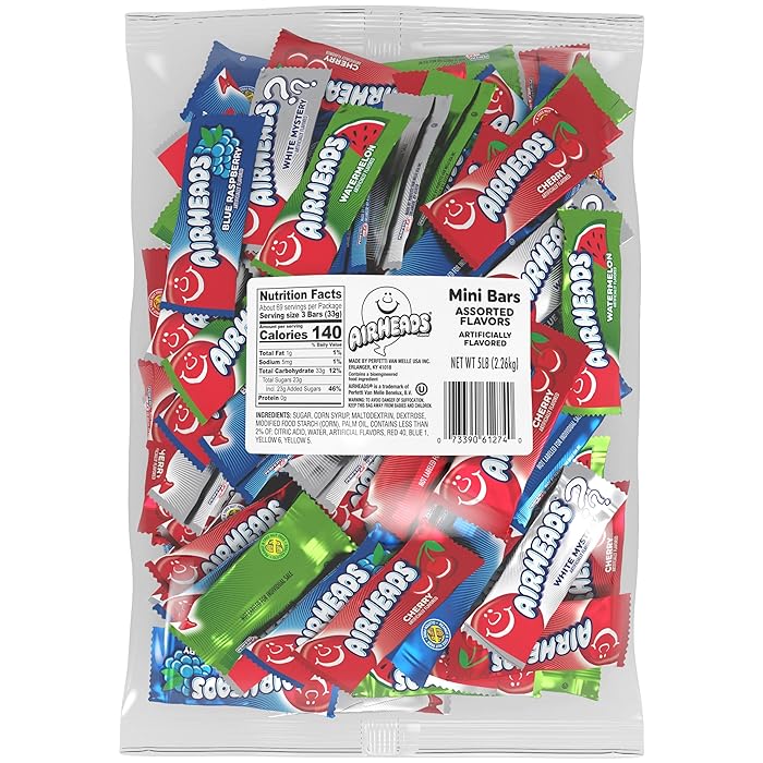 Front of Airheads Bars Assorted Flavours pack showing colourful bars, logo, and 500g pack size.