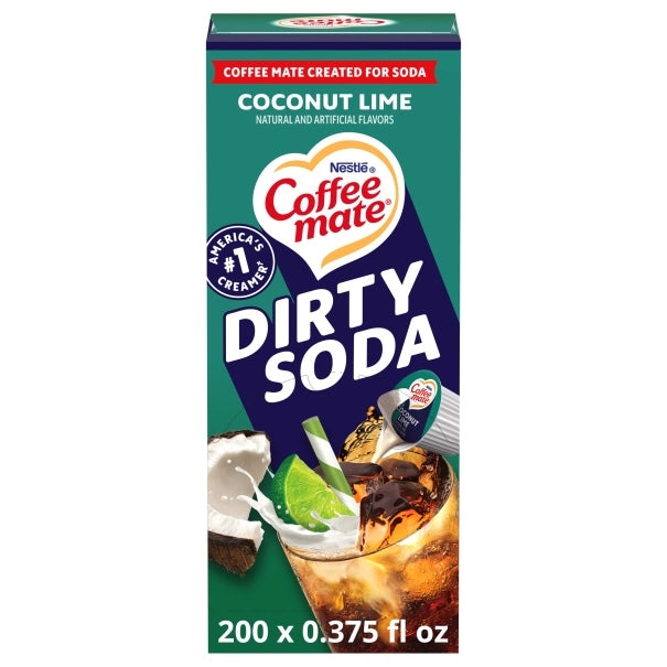 Front of Coffee-Mate Coconut Lime Dirty Soda Liquid Creamer packaging showing bold logo, coconut lime flavour design, and image of a drink with ice (50 single serve portions)