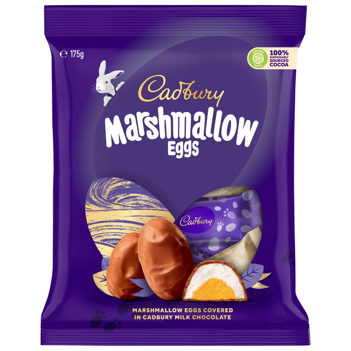 Front of Cadbury Marshmallow Eggs Multipack showing purple packaging, Cadbury logo, and marshmallow eggs coated in milk chocolate (325g pack)
