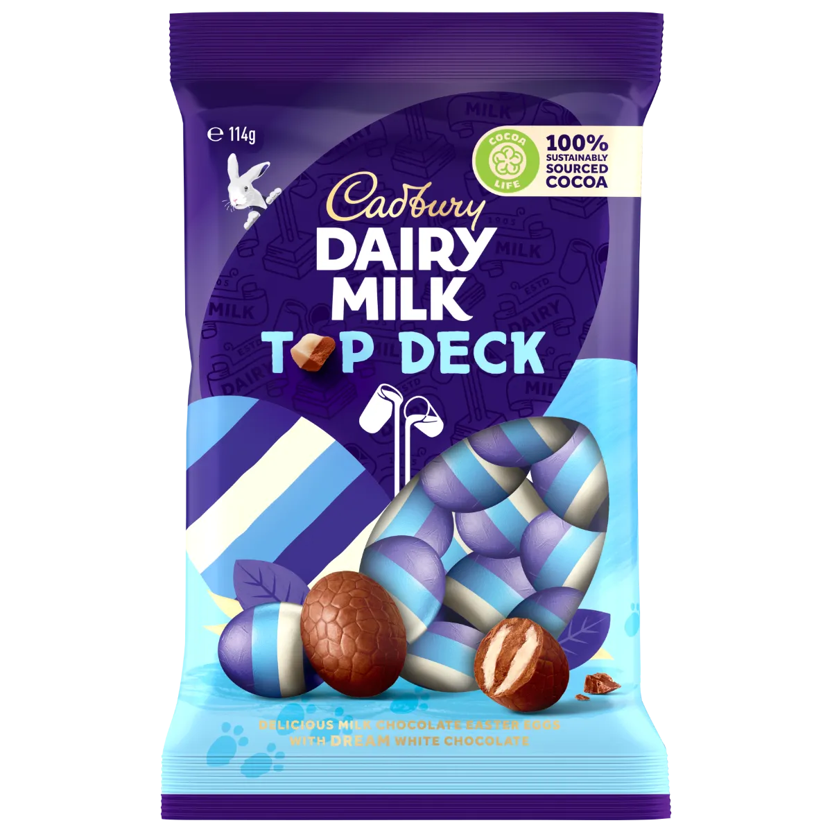 Front of Cadbury Top Deck Mini Eggs pack showing the logo, milk and white chocolate egg design, and 114g pack size.