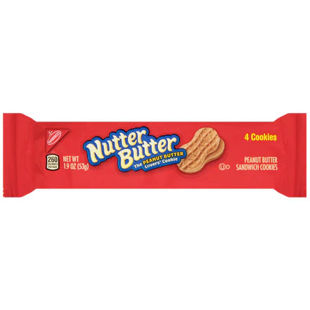 Front of Nutter Butter Snack Pack showing the logo, image of peanut butter sandwich cookies, and 54g pack size