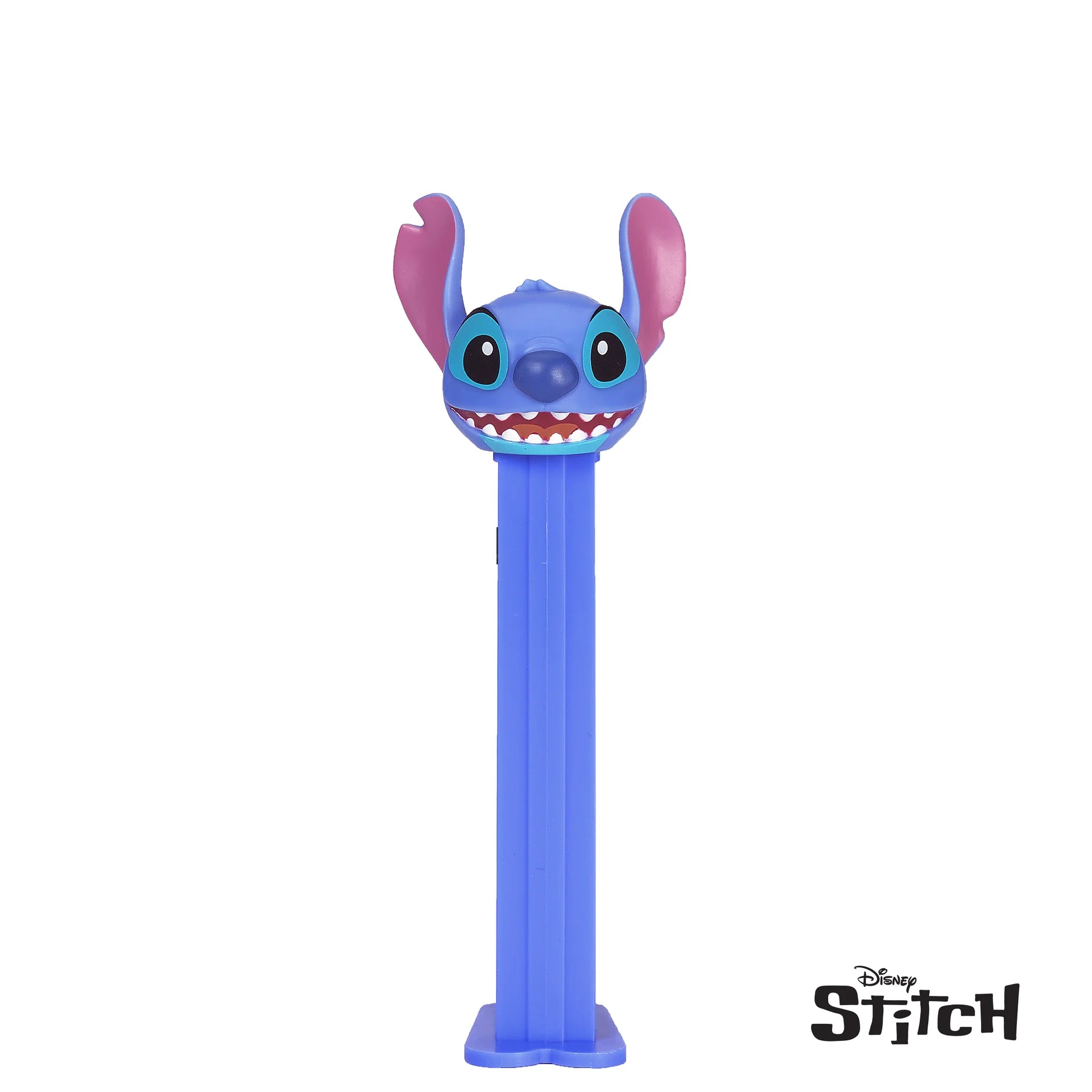 Front of PEZ Lilo & Stitch Candy Dispenser Stitch showing a vibrant blue dispenser with Stitch's head on top (24.7g pack)