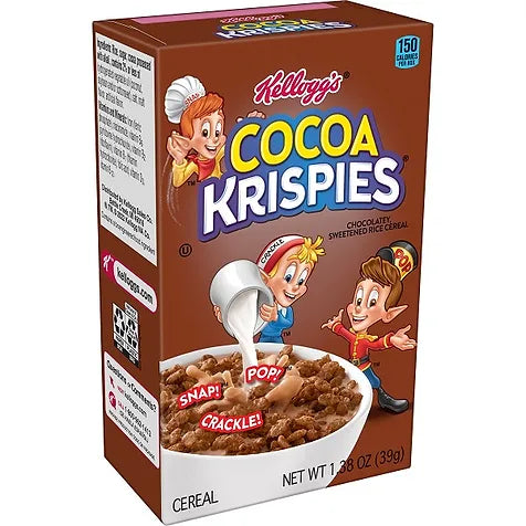 Front of Kellogg's Cocoa Krispies Cereal box showing chocolatey logo, sweetened rice cereal image, and details (34g pack)