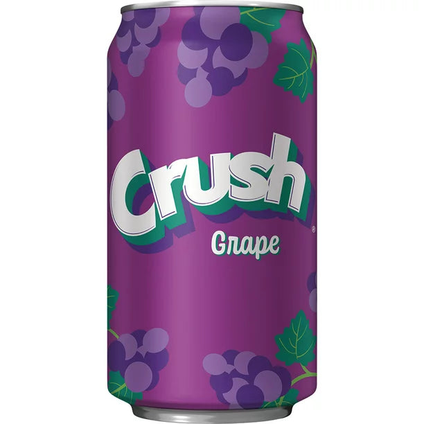 Front of Crush Grape can featuring the logo, purple design, and grape illustrations (355ml pack)