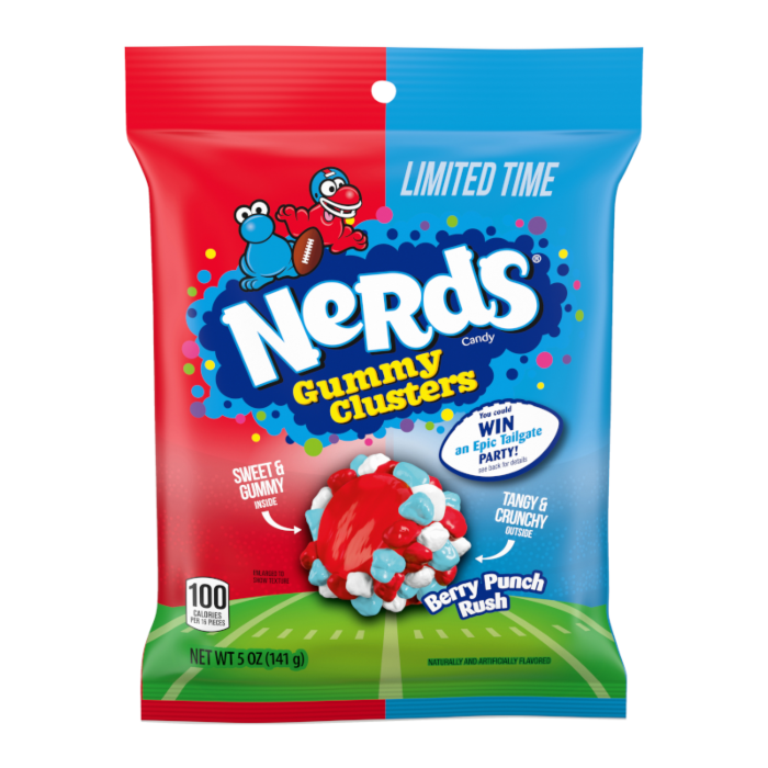 Front of Nerds Berry Punch Rush Gummy Clusters bag showcasing the vibrant red and blue design, with the product name, flavour, and weight (141g)