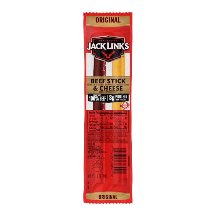 Front of Jack Link's Beef Stick & Cheese package featuring the logo, 100% beef claim, and cheese with 34g pack size