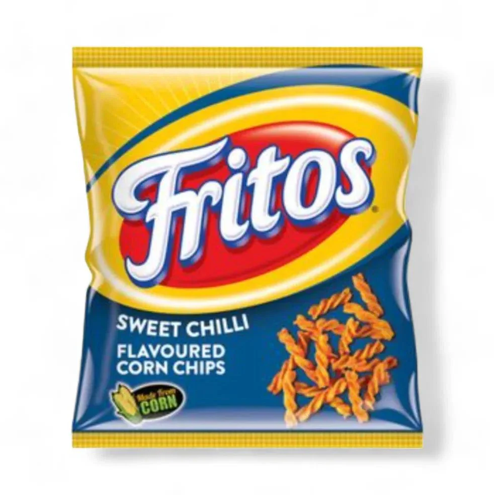 Front of a Fritos Sweet Chilli Corn Chips bag showing the brand logo, sweet chilli flavour, and crunchy chips (25g pack)